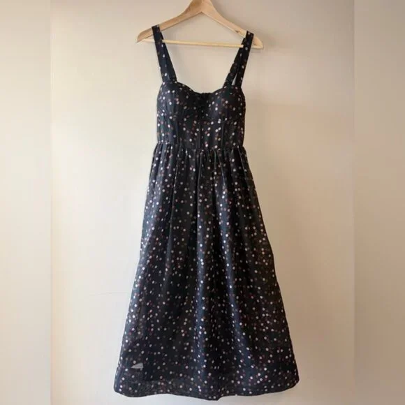 NEW Cara Cara Pheobe Midi Linen Silk Dress Stamped Dot Black US 6 UK 10 - Picture 7 of 16